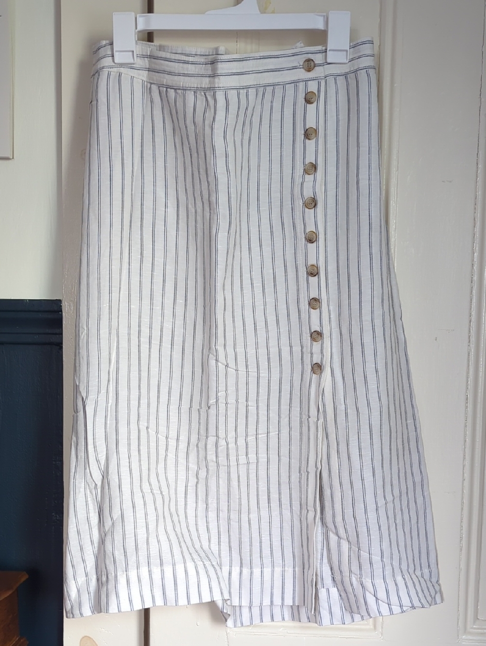Striped White Linen-Blend Midi Skirt with Button Detail New With Tags